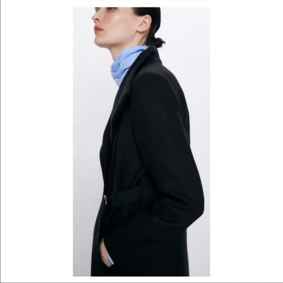 ZARA MANTECO Italian Luxury Wool Black Asymmetrical Belted Jacket Colins Coat M - Picture 8 of 16